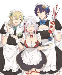  2boys alternate_costume apron aventurine_(honkai:_star_rail) blonde_hair blue_hair breasts cleavage colored_inner_hair crossdressing dr._ratio_(honkai:_star_rail) enmaided female garter_straps grey_hair highres honkai:_star_rail honkai_(series) ketchup ketchup_bottle kokotendon large_breasts maid maid_apron maid_day maid_headdress multicolored_hair multiple_boys orange_eyes red_hair topaz_(honkai:_star_rail) tray white_background wrist_cuffs 