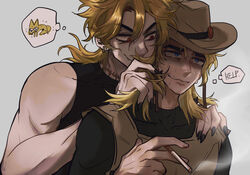  2boys behind_another black_nails blonde_hair blue_eyes cigarette cowboy_hat dio_brando english_text fingernails fox hand_on_another&#039;s_shoulder hat highres hol_horse jojo_no_kimyou_na_bouken male_focus medium_hair multiple_boys oerba_yun_fang playing_with_another&#039;s_hair red_eyes scar scar_on_neck shaded_face sharp_fingernails sleeveless smoke stardust_crusaders swampland sweat thought_bubble yaoi 