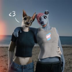  1:1 3d_(artwork) anthro beach blender_(artwork) blender_cycles canid canine canis clothing crop_top digital_media_(artwork) domestic_dog duo female film_grain husky mammal midriff nordic_sled_dog photography plesiodog riley_(plesiodog) shirt spitz square tamaskan_dog topwear trans_(lore) trans_woman_(lore) visibly_trans 