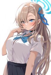  armcho asuna_(blue_archive) black_choker black_skirt blue_archive blue_bow blue_bowtie blue_eyes blue_halo blue_ribbon bow bowtie breasts button_gap choker collared_shirt female finger_to_mouth hair_over_one_eye hair_ribbon halo hand_out_of_frame large_breasts light_blush light_brown_hair long_hair looking_at_viewer loose_bowtie parted_bangs pleated_skirt ribbon school_uniform shirt short_sleeves sidelocks skirt solo standing upper_body very_long_hair white_shirt 