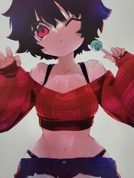  blue_shorts breasts candy claw_pose collarbone commission cropped_sweater female food grey_background groin head_tilt highres holding holding_candy holding_food holding_lollipop lollipop looking_at_viewer medium_breasts micro_shorts midriff navel off_shoulder one_eye_closed original plaid plaid_sweater red_eyes short_hair shorts skeb_commission sleeves_past_fingers sleeves_past_wrists snuq solo sweater 