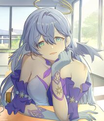  :d absurdres aqua_eyes bare_shoulders choker commentary_request detached_sleeves female gloves grey_hair hair_between_eyes head_tilt head_wings highres honkai:_star_rail honkai_(series) indoors long_hair looking_at_viewer oni_(pixiv_id_94951586) open_mouth purple_choker robin_(honkai:_star_rail) short_sleeves smile solo upper_body white_gloves wings 