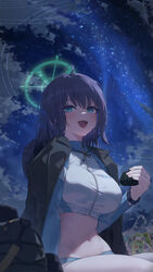  absurdres bag blue_archive blush bottle breasts female food green_eyes green_halo halo highres holding holding_food large_breasts long_sleeves navel night night_sky official_alternate_costume open_mouth outdoors purple_hair raglan_sleeves rash_guard saki_(blue_archive) saki_(swimsuit)_(blue_archive) short_hair sky smile solo sushispin 