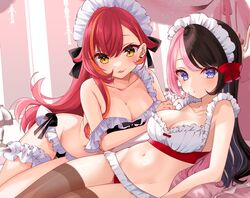  2girls absurdres bikini black_hair blue_eyes blush breasts cleavage frilled_bikini frills hair_ribbon highres iris_black_games large_breasts long_hair looking_at_viewer lying maid_day maid_headdress multicolored_hair multiple_girls navel nekota_tsuna on_bed on_side orange_eyes orange_hair pink_hair red_hair ribbon sidelocks stomach streaked_hair swept_bangs swimsuit tachibana_hinano_(vtuber) two-tone_hair unyon_bbunco virtual_youtuber vspo! 