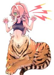  black_tank_top breasts claw_pose crop_top female green_eyes hair_over_one_eye highres lightning_bolt_symbol long_hair looking_at_viewer medium_breasts midriff monster_girl navel one_eye_covered original ponytail sharp_teeth simple_background sitting smile snuq solo tail tank_top taur teeth tiger_tail very_long_hair white_background 