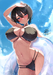  absurdres arm_up beach bikini black_bikini black_hair blue_eyes blue_sky blush breasts bunny_garden closed_mouth cloud collarbone commentary_request dated day female hair_between_eyes highres innertube large_breasts light_smile looking_at_viewer miuka_(bunny_garden) navel outdoors short_hair signature sky solo standing swim_ring swimsuit ta1sh1 underboob wet 