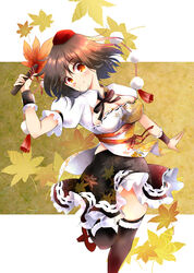  alternative_facts_in_eastern_utopia autumn_leaves black_hair black_ribbon black_skirt black_thighhighs black_wristband blush breasts cleavage cleavage_cutout closed_mouth clothing_cutout collared_shirt commentary_request falling_leaves female frilled_shirt frilled_skirt frills geta hand_fan hat hauchiwa highres holding holding_fan leaf leaf_background leaf_print leg_up medium_breasts neck_ribbon panties pantyshot pom_pom_(clothes) puffy_short_sleeves puffy_sleeves red_eyes red_footwear red_hat red_ribbon ribbon shameimaru_aya shirt short_sleeves skirt smile solo standing standing_on_one_leg tassel tengu-geta thighhighs thighs tokin_hat touhou underwear usuusu white_background white_shirt yellow_background 