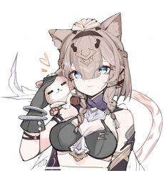  absurdres animal_ear_fluff bikini black_bikini black_gloves blue_eyes breasts brown_hair can_(honkai_impact) cat_girl cat_tail cleavage commentary_request error1980 female gloves green_eyes heterochromia highres honkai_(series) honkai_impact_3rd large_breasts pardofelis pardofelis_(reverist_calico) short_hair simple_background swimsuit tail tongue tongue_out upper_body white_background 