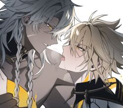  2boys antenna_hair blonde_hair blush collarbone couple dark-skinned_male dark_skin from_side grey_hair hair_between_eyes heavy_breathing highres holding_another&#039;s_wrist honkai_(series) korean_commentary leaning_forward looking_at_another looking_down looking_up male_focus multiple_boys multiple_scars muscular muscular_male nanook_(honkai:_star_rail) orange_eyes parted_lips phainon_(honkai:_star_rail) pin3909 scar scar_on_face short_hair simple_background spiked_hair sweat tongue tongue_out upper_body white_background yaoi yellow_blood 