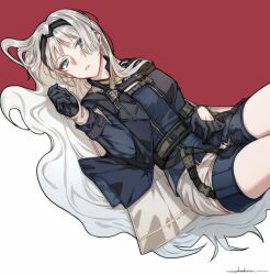  an-94_(girls&#039;_frontline) anderain aqua_eyes black_gloves blonde_hair female girls&#039;_frontline gloves hairband highres long_hair long_sleeves lying on_back solo tactical_clothes two-tone_background very_long_hair 