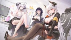  3girls :q admiral_zenker_(azur_lane) admiral_zenker_(fun_with...interrogations?)_(azur_lane) ahoge anger_vein armband azuma_(azur_lane) azuma_(career_counseling_for_the_groom)_(azur_lane) azur_lane black_bra black_hair black_horns black_pantyhose black_shoes black_suit bra breasts chair cleavage clipboard collared_shirt cosmetics crossed_legs eye_mask glasses gradient_hair grey_eyes highres holding holding_clipboard horns lace-trimmed_bra lace_trim large_breasts looking_at_viewer manjuu_(azur_lane) mask mask_on_head monitor multicolored_hair multiple_girls nail_polish_bottle nail_polish_brush office_chair office_lady official_alternate_costume official_art orange_eyes pantyhose red_eyes red_hair red_streaks shirt shoes short_hair single_thighhigh sitting suit swivel_chair thick_eyebrows thighhighs third-party_source tongue tongue_out torn_clothes torn_pantyhose two_side_up underwear white_hair white_shirt yellow_armband z13_(azur_lane) z13_(strategic_date_solution)_(azur_lane) 