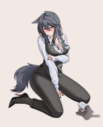 absurdres alter_kamerade animal_ears arknights arm_under_breasts black_hair black_nails black_pants black_pantyhose black_shoes black_tail black_vest blush breasts character_name chinese_commentary closed_mouth collarbone commentary_request cup female fingernails full_body grey_background hair_between_eyes hair_intakes hand_on_own_arm high_heels highres inset jewelry large_breasts long_hair long_sleeves looking_at_viewer mug multicolored_eyes nail_polish official_art_inset pants pantyhose partial_commentary purple_eyes ring shirt shoes simple_background sitting solo spill tail texas_(arknights) two-tone_eyes variant_set vest wariza white_shirt wolf_ears wolf_girl wolf_tail yellow_eyes 