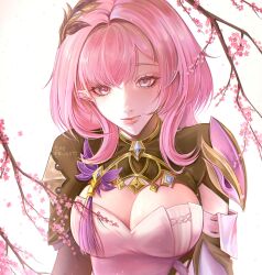  blue_eyes breasts cherry_blossoms cleavage corset elf elysia_(honkai_impact) elysia_(miss_pink_elf)_(honkai_impact) female frus27t hair_ornament hashtag-only_commentary highres honkai_(series) honkai_impact_3rd large_breasts long_hair looking_at_viewer pink_hair pointy_ears shrug_(clothing) solo upper_body white_corset 