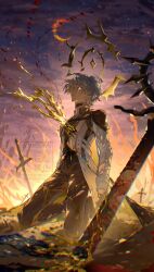  1boy antenna_hair armor black_choker black_pants black_shirt blue_cape cape choker coat commentary_request crying crying_with_eyes_open halo halo_behind_head highres honkai:_star_rail honkai_(series) injury kneeling male_focus nero_hanken pants pauldrons phainon_(honkai:_star_rail) planted planted_sword shirt short_hair shoulder_armor single_pauldron solo sword tears weapon white_coat white_hair yellow_blood yellow_eyes yellow_halo 