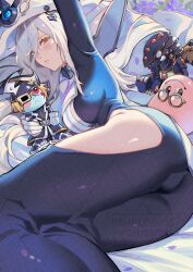 ass blue_dress blush breasts commission dress duel_monster female gandora-g_the_dragon_of_destruction gandora_the_dragon_of_destruction glasses hat highres hip_vent holding holding_stuffed_toy long_hair looking_at_viewer lying marshmallon moremarshmallon on_side parted_lips silent_magician silent_swordsman silent_swordsman_zero stuffed_toy watermark white_hair white_hat yu-gi-oh! yusi_vishnu 