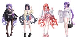 4girls absurdres alternate_costume aqua_eyes ass_visible_through_thighs bag black_bag black_dress black_hair black_jacket black_scrunchie black_shoes blue_skirt bow bowtie bra bracelet breasts brown_pantyhose casual character_hair_ornament choker cleavage coat collared_shirt cone_hair_bun covered_navel denim denim_skirt dress fashion floating_hair flower full_body genshin_impact hair_bun hair_flower hair_ornament hairband hairclip hand_up handbag high_heels highres holding holding_bag holding_coat holding_unworn_clothes incredibly_absurdres jacket jacket_on_shoulders jewelry keqing_(genshin_impact) kuromi lan_yan_(genshin_impact) long_hair long_sleeves looking_at_viewer looking_to_the_side low_twintails multiple_girls my_melody myless nilou_(genshin_impact) onegai_my_melody open_clothes open_jacket open_mouth panties pantyhose parted_lips pink_bag pink_bow pink_bowtie pink_eyes pink_panties pink_shoes pink_skirt purple_bag purple_eyes purple_hair raiden_shogun red_hair sanrio scrunchie shirt shirt_tucked_in shoes shoulder_bag simple_background skirt smile socks standing sunglasses teeth twintails underwear unworn_coat unworn_eyewear upper_teeth_only very_long_hair white_background white_choker white_flower white_hairband white_jacket white_shirt white_shoes white_socks wrist_scrunchie yellow_shirt 