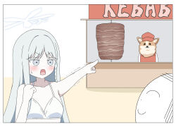  1boy 1other bikini blue_archive blush braid canine clenched_hand colored_eyelashes commentary_request doner_kebab doodle_sensei_(blue_archive) english_text female grey_eyes grey_hair halo hand_up highres ikurage_(namakurage_13) index_finger_raised long_hair looking_at_another nagusa_(blue_archive) nagusa_(swimsuit)_(blue_archive) official_alternate_costume open_mouth outstretched_arm pointing sensei_(blue_archive) simple_background single_braid sweatdrop swimsuit trembling upper_body white_background white_bikini white_halo 