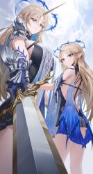  2girls absurdres armored_gloves ass back bare_shoulders black_collar black_dress blonde_hair blue_eyes blue_hair breasts cartethyia_(wuthering_waves) closed_mouth collar colored_inner_hair commentary_request cowboy_shot crown_of_thorns cryturtle dress dual_persona earrings fleurdelys_(wuthering_waves) floating_earrings highres holding holding_sword holding_weapon horns huge_breasts jewelry korean_commentary long_hair looking_at_viewer multicolored_hair multiple_girls pointy_ears sidelocks single_horn smile sword tabard tacet_mark_(wuthering_waves) thighs weapon white_tabard wuthering_waves yellow_horns 