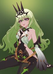  adapted_costume black_bodysuit black_gloves black_tiara bodysuit breasts commentary desnvz detached_sleeves earrings female gloves green_background grey_hair highres honkai_(series) honkai_impact_3rd jewelry long_hair mobius_(honkai_impact) slit_pupils small_breasts solo spikes tiara tongue tongue_out very_long_hair 
