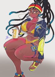  bandaid bandaid_on_face bandaid_on_knee bandaid_on_leg bikini breasts cleavage cropped_jacket dreadlocks earbuds earphones female fingerless_gloves gloves headband highleg highleg_bikini hiroshi_mono jacket kimberly_jackson large_breasts multicolored_headband official_alternate_costume official_alternate_hairstyle solo spray_can sticker_on_face sticker_on_neck street_fighter street_fighter_6 swimsuit thigh_strap walkman yellow_bikini 