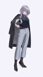  absurdres alter_kamerade arknights belt black_belt black_coat black_pantyhose black_shirt black_shoes chinese_commentary coat coat_on_shoulders commentary_request eyes_visible_through_hair female full_body gladiia_(arknights) grey_background grey_hair grey_pants hair_over_one_eye high_heels highres long_hair pants pantyhose parted_lips partial_commentary pointy_ears red_eyes shirt shoes simple_background solo standing turtleneck turtleneck_shirt wristband 