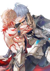  2boys abs antenna_hair arm_tattoo armlet armor armored_boots bare_pectorals black_choker black_coat black_pants black_shirt blonde_hair blue_cape boots braid cape chest_tattoo choker closed_eyes coat facial_tattoo gold_necklace gradient_hair hair_between_eyes hand_on_another&#039;s_head hashtag-only_commentary highres honkai:_star_rail honkai_(series) jewelry kissing looking_at_another male_focus medium_hair multicolored_hair multiple_boys mydei_(honkai:_star_rail) necklace open_clothes open_coat pants parted_bangs pauldrons pectorals phainon_(honkai:_star_rail) qiaose33912 red_hair red_tattoo shirt short_hair shoulder_armor side_braid single_pauldron tattoo toned toned_male white_coat white_hair yaoi 