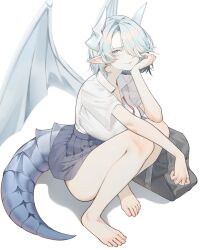  asymmetrical_bangs bag bare_legs barefoot breasts commentary_request dragon_girl dragon_horns dragon_tail dragon_wings female full_body grey_hair grey_skirt hair_over_one_eye hand_on_own_cheek hand_on_own_face horns huge_breasts looking_at_viewer miniskirt one_eye_covered open_collar original pero_(peroneko0510) pleated_skirt pointy_ears school_bag school_uniform shirt shirt_tucked_in short_hair simple_background skirt solo squatting tail tail_under_clothes toes white_background white_shirt wings 