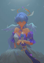  absurdres animal_on_arm animalization bare_shoulders blue_hair breasts choker closed_eyes cowboy_shot detached_sleeves dress feathers female head_wings highres honkai:_star_rail honkai_(series) long_hair medium_breasts purple_choker purple_dress robin_(honkai:_star_rail) short_sleeves standing strapless strapless_dress sunday_(honkai:_star_rail) two-tone_dress very_long_hair white_dress wings yingyingyingwobuyima 