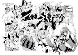  armor breasts card claws cyber_slash_harpie_lady dated duel_monster enotou_(enotou_moi) fake_horns food fruit gloves greyscale hair_over_one_eye harpie_lady harpie_queen hat helmet holding holding_card horned_helmet horns jonouchi_katsuya large_breasts long_hair mazaki_anzu monochrome muto_yugi ponytail silent_magician silent_magician_lv4 silent_swordsman silent_swordsman_lv3 swimsuit watermelon wizard_hat yami_yugi yu-gi-oh! 