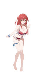  absurdres alternate_breast_size bare_legs bare_shoulders barefoot bikini bocchi_the_rock! breasts cleavage collarbone feet female frilled_bikini frills front-tie_bikini_top front-tie_top full_body green_eyes halterneck hand_up highres kita_ikuyo large_breasts leaning_forward long_hair looking_at_viewer navel one_eye_closed one_side_up open_mouth red_bikini red_hair scrunchie simple_background smile solo stomach string_bikini sukaliya swimsuit thigh_strap thighs toes v white_background wrist_scrunchie 
