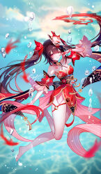  air_bubble artist_name bare_legs barefoot bell black_choker black_hair black_sash breasts bubble chest_tattoo choker cleavage detached_sleeves dress facial_mark female grin highres honkai:_star_rail honkai_(series) jingle_bell long_hair looking_at_viewer mark_under_eye mask mask_on_head medium_breasts nail_polish neck_bell obi one_eye_closed pink_eyes red_nails sash sheya short_dress short_sleeves signature smile solo sparkle_(honkai:_star_rail) tattoo thighs underwater very_long_hair 
