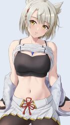  absurdres amayo_thranana animal_ears bare_shoulders black_bra bob_cut bra breasts camisole cat_ears cat_girl chest_jewel commentary_request female head_tilt highres jacket leggings medium_breasts mio_(xenoblade) navel pleated_skirt shoulder_strap skirt solo stomach tank_top underwear white_camisole white_hair white_jacket white_skirt white_tank_top xenoblade_chronicles_(series) xenoblade_chronicles_3 