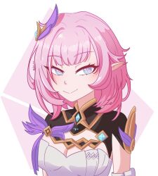  blue_eyes breasts cleavage commentary corset desnvz elf elysia_(honkai_impact) elysia_(miss_pink_elf)_(honkai_impact) female hair_ornament highres honkai_(series) honkai_impact_3rd large_breasts long_hair pink_hair pointy_ears shrug_(clothing) smile solo upper_body white_background white_corset 