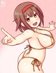  alternate_costume artist_logo ass bikini blush breasts brown_eyes brown_hair cowboy_shot dated female gradient_background hairband kanon_(kurogane_knights) kantai_collection large_breasts logo looking_at_viewer one-hour_drawing_challenge open_mouth pink_background red_hairband shiratsuyu_(kancolle) short_hair smile solo sweat swimsuit yellow_bikini 