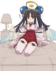  angel angel_wings bed black_hair blue_eyes emil_chronicle_online female frustrated hair_ornament hakama halo japanese_clothes long_hair mitama_ruri monono_hazumi on_bed original sitting skirt solo thighhighs twintails white_thighhighs white_wings wings 
