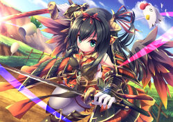  armor armored_dress bare_shoulders black_hair black_wings blue_sky breasts dress dual_wielding emil_chronicle_online green_eyes hair_ornament hair_ribbon highres holding houou_alma japanese_armor katana large_breasts long_hair ribbon shin_guards sky sword thighhighs thighs weapon white_thighhighs wings yupi828 