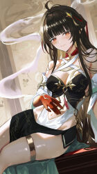  absurdres ahoge arm_support bare_shoulders black_dress blunt_bangs breasts brown_hair chinese_clothes cleavage closed_mouth colored_extremities commentary_request criss-cross_halter diamond-shaped_pupils diamond_(shape) dress dutch_angle female groin hair_ornament halterneck highres honkai:_star_rail honkai_(series) jewelry large_breasts lingsha_(honkai:_star_rail) long_hair looking_at_viewer maria_(maria_rose) navel orange_eyes partial_commentary red_hands sitting smile solo symbol-shaped_pupils thighlet thighs very_long_hair 