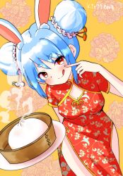  :q animal_ear_fluff animal_ears bamboo_steamer blue_hair blush breasts brown_background china_dress chinese_clothes cleavage cleavage_cutout closed_mouth clothing_cutout commentary_request double_bun dress female finger_to_cheek floral_background food hair_bun hand_up highres hololive kiritoma looking_at_viewer plate rabbit_ears red_dress red_eyes short_eyebrows short_sleeves signature small_breasts smile solo steam steamed_bun thick_eyebrows tongue tongue_out usada_pekora virtual_youtuber 