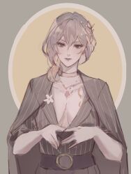  aglaea_(fashion)_(honkai:_star_rail) aglaea_(honkai:_star_rail) blonde_hair breast_tattoo breasts cleavage commentary english_commentary female gold_choker gold_tattoo grey_background grey_jacket grey_shirt highres honkai:_star_rail honkai_(series) jacket jacket_on_shoulders jewelry large_breasts laurel_crown morillys necklace official_alternate_costume oval_background shirt short_hair solo tattoo yellow_background 