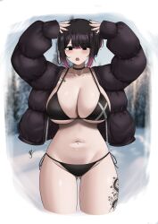  absurdres arms_up ass_visible_through_thighs bikini black_bikini black_choker black_eyes black_hair black_jacket black_nails blurry blurry_background blush border breasts choker cleavage collarbone commentary female gradient_hair groin halterneck hands_on_own_head highres jacket large_breasts leg_tattoo long_sleeves looking_at_viewer mole mole_on_breast mole_under_mouth multicolored_hair navel navel_piercing open_clothes open_jacket open_mouth original piercing pink_hair short_hair side-tie_bikini_bottom solo straight-on swept_bangs swimsuit tattoo teeth thighs upper_teeth_only white_border yukaraishin zipper zipper_pull_tab 