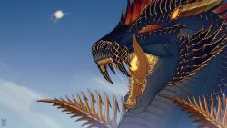  16:9 2024 ambiguous_form ambiguous_gender blue_body blue_scales blue_sky bodily_fluids dated dragon fangs green_eyes head_feathers hi_res licking licking_lips licking_own_lips mythological_creature mythological_scalie mythology narrowed_eyes open_mouth outside red_sclera riorix saliva saliva_string scales scalie sky solo teeth tongue tongue_out widescreen yellow_tongue 