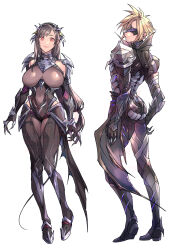  1boy black_hair blonde_hair bodysuit breasts claws closed_mouth cloud_strife cloud_strife_(bahamut_garb) commentary_request covered_navel dragon_wings eye_mask facing_back female final_fantasy final_fantasy_vii final_fantasy_vii_ever_crisis full_body headpiece highres hip_vent large_breasts long_hair looking_at_viewer low-tied_long_hair mugikoma official_alternate_costume pink_lips red_eyes short_hair shoulder_pads single_wing smile spiked_hair standing straight-on swept_bangs tifa_lockhart tifa_lockhart_(bahamut_suit) white_background wings 