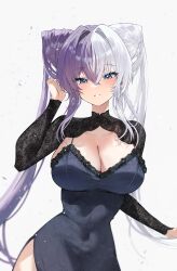  absurdres alternate_costume azur_lane black_dress blue_eyes blush breasts cleavage collarbone commentary_request cone_hair_bun covered_navel double_bun dress earrings female floral_print floral_print_dress glint gurami_(zangizarang) hair_between_eyes hair_bun hair_intakes hand_in_own_hair hand_up highres jewelry korean_commentary large_breasts light_particles long_hair long_sleeves looking_at_viewer multicolored_hair open_mouth print_dress purple_hair side_slit simple_background smile solo split-color_hair standing twintails two-tone_hair very_long_hair white_background white_hair ying_swei_(azur_lane) 