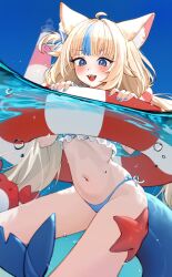  :3 ahoge animal_ear_fluff animal_ears animal_on_leg bikini blonde_hair blue_bikini blue_eyes blue_hair blue_nails blush bubble cat_ears commentary cowboy_shot crab fangs female fins fish_girl fish_tail frilled_bikini frills highres holding holding_swim_ring in_water indie_virtual_youtuber lifebuoy_hair_ornament lighthouse long_hair low_twintails multicolored_hair nail_polish navel one_side_up open_mouth partially_underwater_shot sameko_saba sky smile solo starfish streaked_hair swim_ring swimsuit tail tongue twintails very_long_hair virtual_youtuber water waytok 