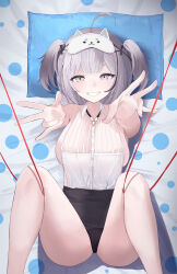  absurdres ahoge azur_lane black_panties breasts eye_mask female from_above grey_eyes grey_hair grin highres large_breasts long_juang_feng looking_at_viewer lying mask mask_on_head official_alternate_costume on_back on_bed open_mouth panties pillow pink_nails reaching reaching_towards_viewer smile solo spread_legs two_side_up underwear z13_(azur_lane) z13_(strategic_date_solution)_(azur_lane) 