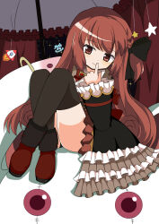  absurdres black_bow black_thighhighs blush boots bow braid brown_eyes brown_hair brown_shoes commentary_request dress female finger_to_mouth frilled_umbrella frills hairbow highres kyuubee long_hair long_sleeves looking_at_viewer magia_record:_mahou_shoujo_madoka_magica_gaiden magical_girl mahou_shoujo_madoka_magica on_cushion rocket satomi_touka shoes sidelocks sitting smile solo soul_gem star_(symbol) thighhighs umbrella very_long_hair yukimoca 