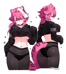  absurdres animal_ears artist_name ass black_choker black_hoodie black_panties black_pantyhose blush breasts choker closed_mouth commentary crop_top cropped_legs english_commentary extra_ears female hair_intakes highres hololive hololive_english hood hoodie large_breasts long_hair long_sleeves looking_at_viewer looking_back median_furrow multicolored_hair multiple_views namiorii navel panther_ears panther_girl panther_tail panties panties_under_pantyhose pantyhose patreon_logo patreon_username pink_hair raora_panthera simple_background sleeves_past_fingers sleeves_past_wrists smile solo_focus stomach streaked_hair tail thigh_gap thighs twitter_username two-tone_hair underboob underwear virtual_youtuber white_background white_hair yellow_eyes 