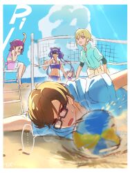  &gt;_&lt; ... 2boys 3girls aisaki_emiru aisaki_masato arm_up ball bare_arms bare_legs bare_shoulders barefoot beach bikini bikini_skirt black-framed_eyewear blonde_hair blowing_whistle blue_eyes blue_sky blunt_bangs border bow bow_skirt brown_hair chair clothes_around_waist cloud collared_shirt cone_hair_bun double_bun frown glasses glowing glowing_eye hair_between_eyes hair_bun hair_ornament hair_scrunchie hairbow hairclip heavy_breathing highres holding holding_whistle hugtto!_precure jacket jacket_around_waist layered_sleeves looking_at_object low_twintails lying miniskirt multiple_boys multiple_girls navel nervous_smile nono_hana o_o ocean on_chair on_side one-piece_swimsuit open_mouth pink_bikini pink_bow pink_hair pink_one-piece_swimsuit playing_sports ponytail precure purple_bikini purple_hair red_eyes red_scrunchie ruru_amour scrunchie shaded_face shipu_(gassyumaron) shirt short_hair short_ponytail short_sleeves signature sitting skirt sky smile spoken_ellipsis stomach summer sweatdrop swept_bangs swimsuit twintails upper_body volleyball volleyball_(object) volleyball_net wakamiya_henri whistle white_border white_jacket white_shirt x_hair_ornament zipper zipper_pull_tab 