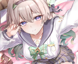  arm_up bed black_bow black_hairband blue_eyes blush bow bowtie breasts closed_mouth collarbone commentary_request female firefly_(honkai:_star_rail) firefly_(spring_missive)_(honkai:_star_rail) green_bow green_bowtie grey_sailor_collar grey_skirt hairband hairbow hand_up honkai:_star_rail honkai_(series) indoors large_breasts long_sleeves looking_at_viewer multicolored_eyes official_alternate_costume on_bed paid_reward_available plaid_clothes plaid_skirt purple_eyes revision sailor_collar school_uniform serafuku shirt skirt solo sweatdrop tomas_(kaosu22) white_shirt 