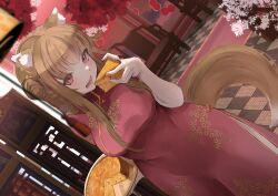  absurdres animal_ears araca_ra breasts brown_eyes brown_hair china_dress chinese_clothes dress female floral_print food highres holding holding_food holo indoors long_hair looking_at_viewer open_mouth pie pie_slice red_dress sidelocks solo spice_and_wolf tail wolf_ears wolf_girl wolf_tail 